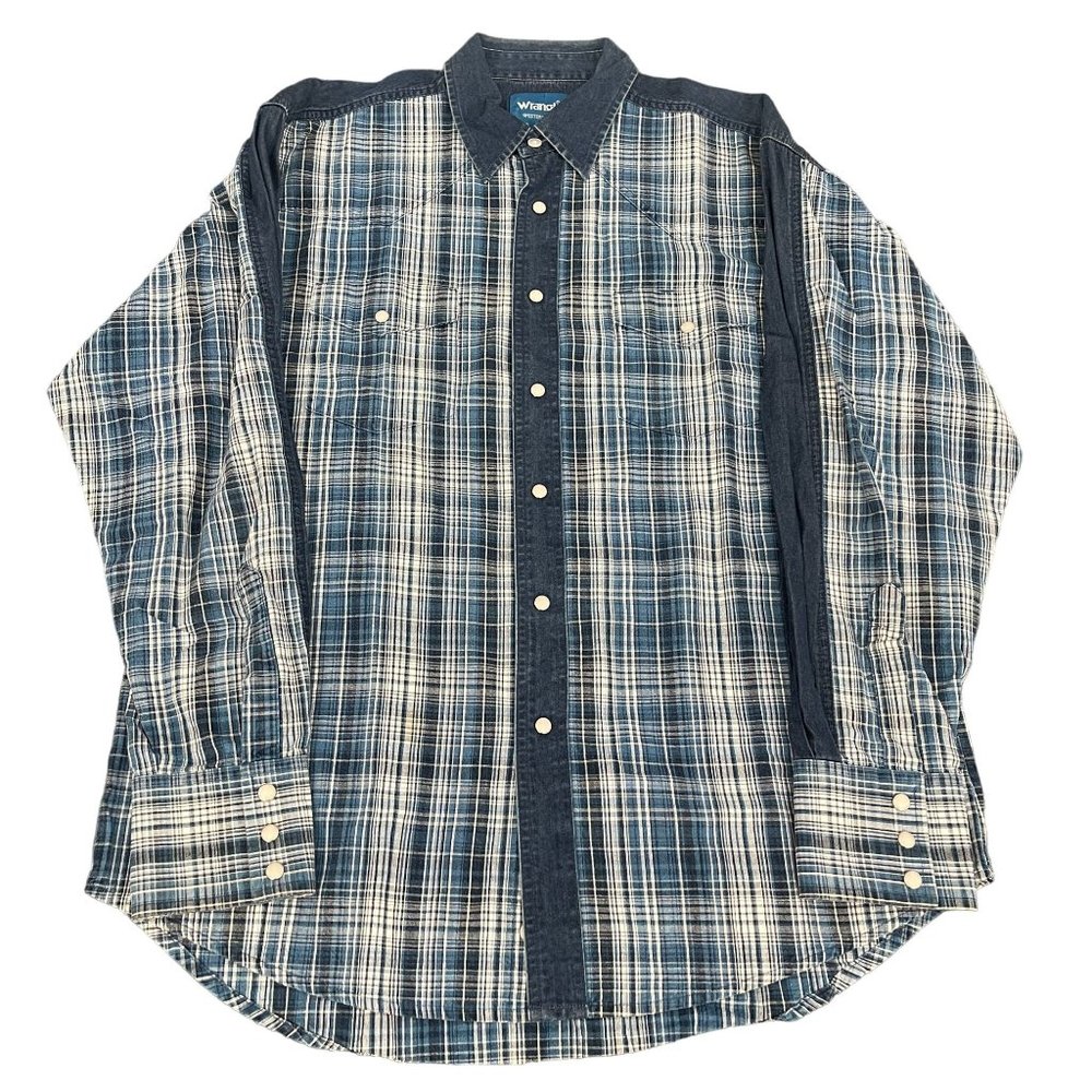 VTG Wrangler Blue Plaid Denim lined Pearl Snap Button Up Shirt, Size L